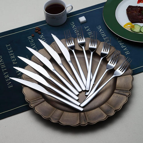 Steak Knives Set, 12 Piece Premium Stainless Steel, 6 Dinner Forks & 6 Knives, Mirror Polish, Dishwasher Safe