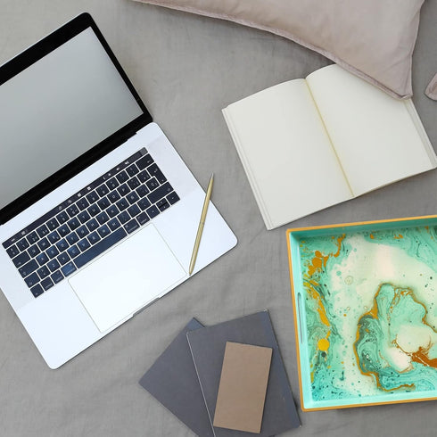 15.7"* 10.2"* 1.38" Turquoise Marbling Decorative Tray with Handles, Morden Plastic Rectangular Serving Tray for Coffee