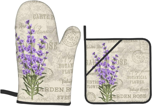 Lavender Flowers Vintage Oven Mitts and Pot Holders Set of 4, High Heat Resistant for Kitchen Cooking BBQ