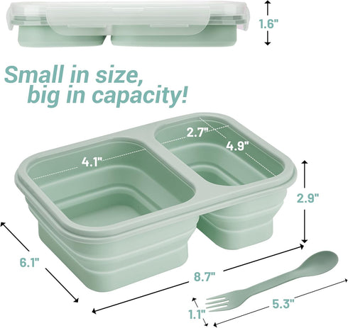 Green 2 Compartments Collapsible lunch containers with Lid | lunchbox with utensils | Foldable Silicone Bento for adults |BPA-Free|food storage for a picnic,travel, offices | Microwave Dishwasher Safe