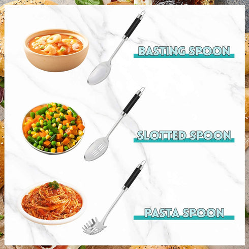 3-Piece Stainless Steel Serving Spoons Set with Slotted Spoon, Serving Spoon, and Spaghetti Spoon