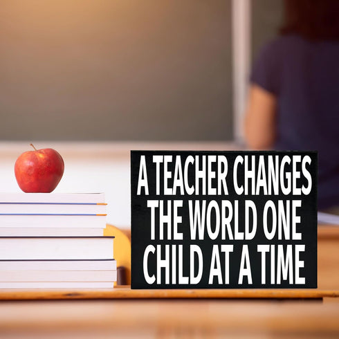 JennyGems Inspirational Teacher Gift Wood Sign, A Teacher Changes the World One Child at a Time, Classroom Decor
