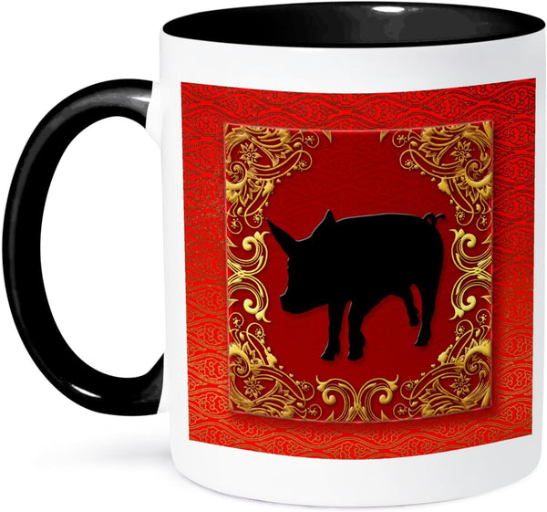 3dRose Zodiac Pig Chinese New Year Mug, Red, Gold, Two Tone, 11 oz, Black/White