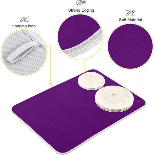 Deep Purple Dish Drying Mat for Kitchen Counter, 18 x 24 Inch Absorbent Microfiber Dry Dishes Pad for Decor