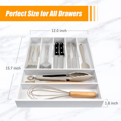Bellsal Bamboo Silverware Drawer Organizer, 7 Slot Utensil Holder with Grooved Dividers for Kitchen and Office