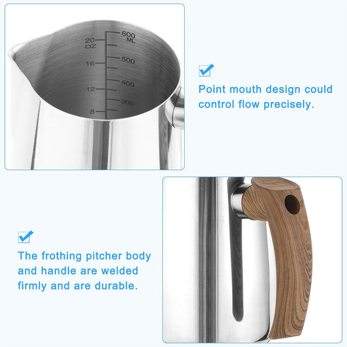 uxcell 20oz/600ml Stainless Steel Milk Frothing Pitcher Jug with Handle for Home Cafe Bar Restaurant, Silver