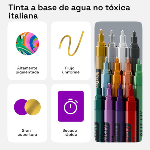 12 3mm ARTISTRO Metallic Paint Pens for Glass Marking, Rock Painting, Ceramic, Wood, Fabric, Scrapbooking, DIY Craft