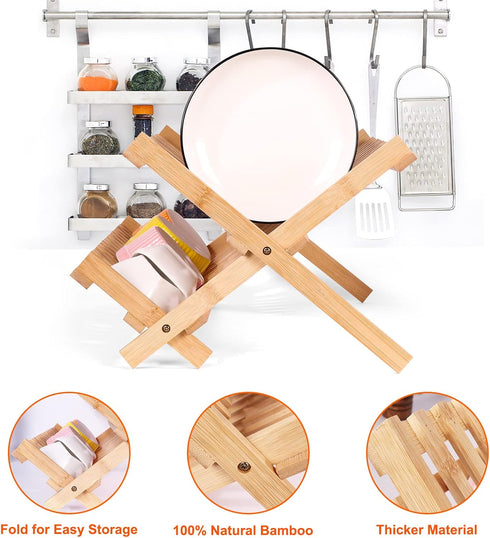 SZUAH Collapsible Bamboo Dish Drying Rack for Kitchen Counter, Space Saving Organizer (17.8"x10.23"x9.25")