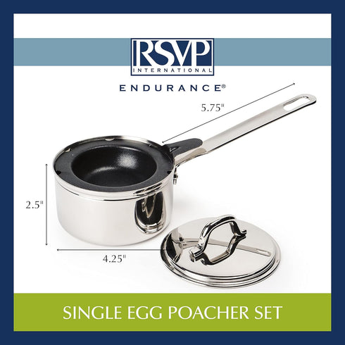 RSVP International Endurance Single Egg Poacher Set - Perfectly Poached Eggs with Stainless Steel Pan, Dishwasher Safe