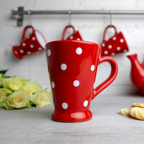 City to Cottage Handmade Red and White Polka Dot Ceramic Coffee Mug, 7 oz / 200ml, Unique Designer Pottery