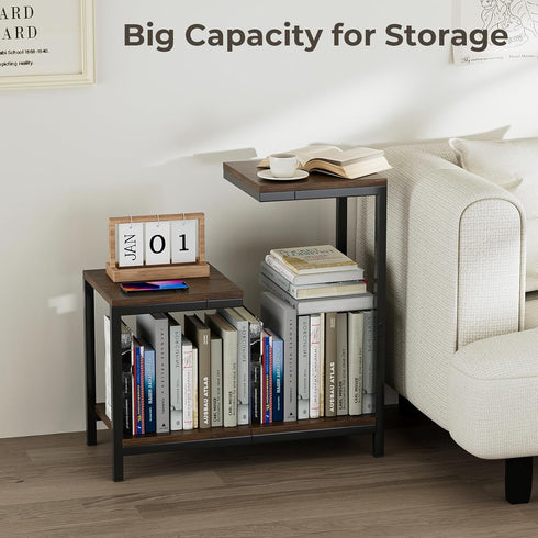 G-Shaped End Table - Small Side Table for Living Room, Bedside Table with Storage Shelf, Corner Tables for Small