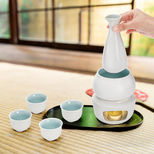 Set Set, 7 Set 1 1 1 4 Foraineam White Ceramic Sake with Warmer Pot, Japanese Style Porcelain Hot Saki Drink Bottle