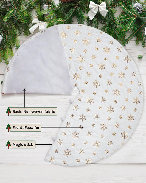 COOLWUFAN 48 Inches Christmas Tree Skirt for Holiday Party Decoration, White Plush Gold Sequin Snowflake