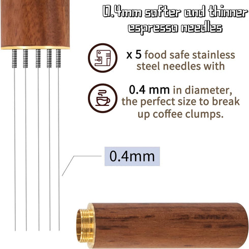 Espresso Coffee Stirrer, Professional Barista Hand Needle Type Distribution Tool, 5 Needles 0.4mm Natural Wood Handle