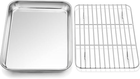 P&P CHEF 10.4 Inch Baking Sheet Pan with Rack Set, Stainless Steel Cookie Sheet Pan for Oven Use