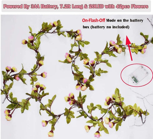Fielegen 20 LED Rose Flower String Lights, 7.2ft Battery Powered Artificial Flower Garland for Home Garden
