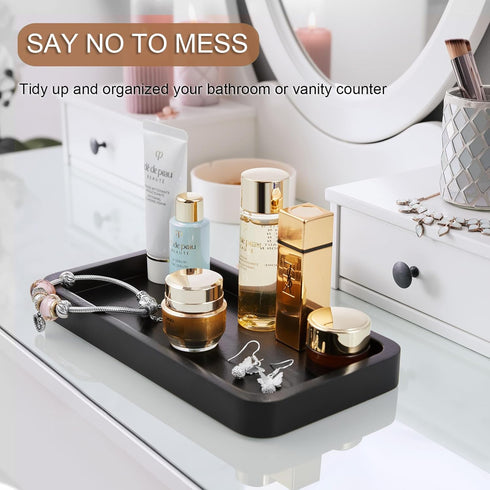 ALELION 8" Black Bathroom Vanity Tray, Wood Organizer for Dresser Tops, Soap Dispenser, Jewelry Catchall