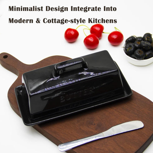 MKYHBOO Countertop, Ceramic Butter Dish With Lid for Covered Butter Holder With Lid, Black Butter Container, Butter