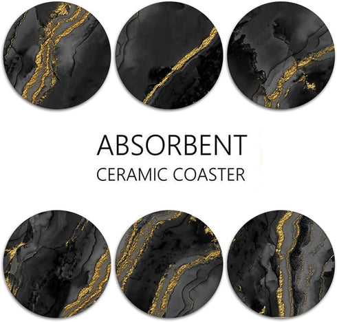 Set 6, Britimes Table Coaster for Drinks of Marble Black Golden Natural Gold Yellow Coffee Absorbent Round Ceramic