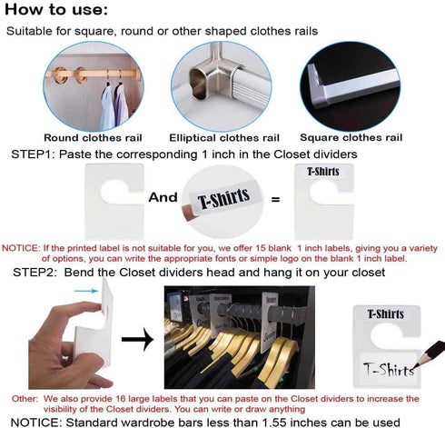 10 Pack White Clothing Rack Size Dividers Plus 60 Labels and 16 Large Blank Labels, Clothing Closet Dividers