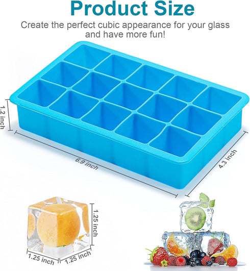 ZDPMK 2 Pack Silicone Ice Cube Trays, Flexible Molds for 15 Ice Cubes, Reusable & BPA Free for Freezer, Cocktail,