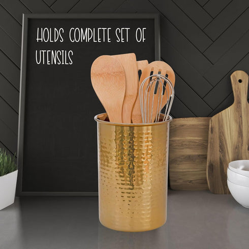 Darware Hammered Gold Kitchen Utensil Holder, 7-Inch Tool Caddy for Wooden Spoons, Spatulas, & More