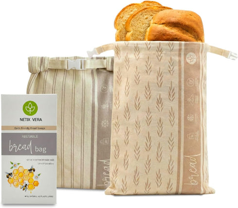NETIX VERA 2 Pack Reusable Beeswax Sourdough Bread Bags for Homemade Bread, XL Natural