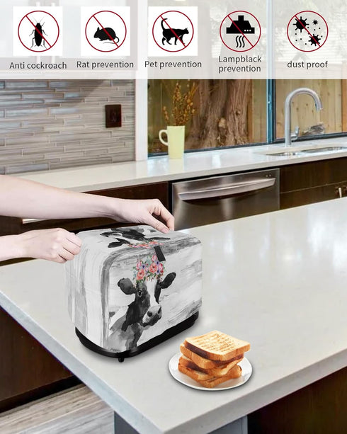 Toaster Dust Cover for Kitchen 2 Slice, Farmhouse Cow Flower Black Bread Maker Cover, Washable Kitchen Small Appliance