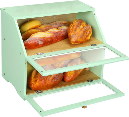 Counter, HOMEKOKO Double Layer Large Bread Box for Kitchen Wooden Large Capacity Bread Storage Bin (Mint Green)