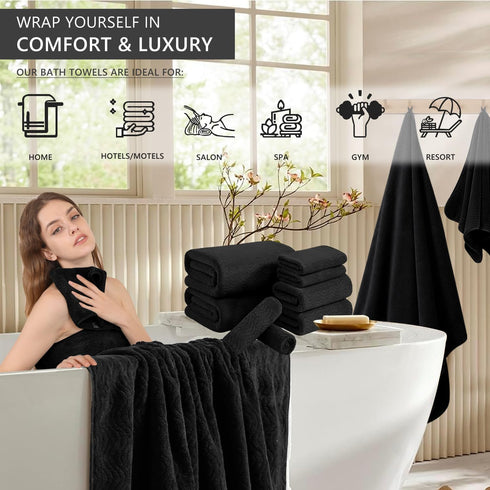 8 Set Black|2 Sheet,2 Towels,4 Cozy Set Piece Bath Towel Oversized Large Bath Hand Washcloths| Ultra Soft Bath Towel