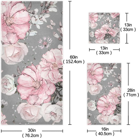 Sets 3 Sets1 1 1 ALAZA Pink Flowers Roses and Leaves on Gray Towel Bathroom Piece Bath Towel Bath Towel Hand Towel