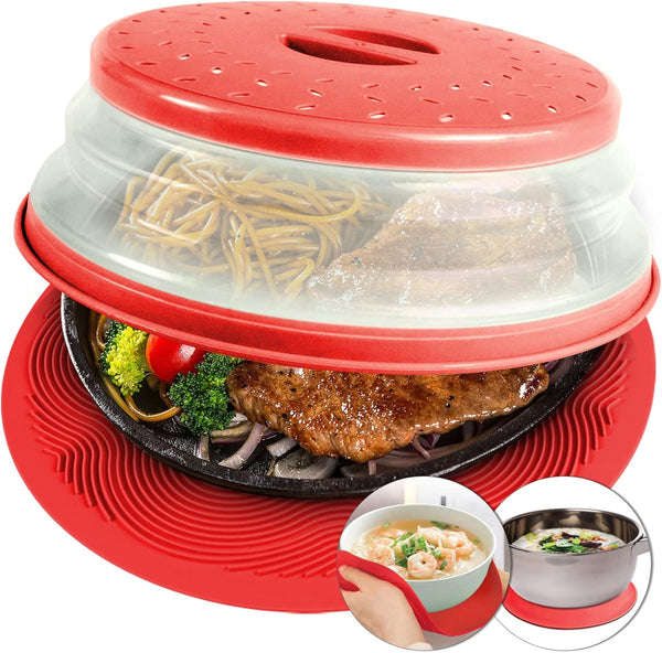 2 in 1 Aidacom Microwave Mat & Food Cover, Multi-use Silicone Trivet, Pot Holders, Drying, Baking, Red