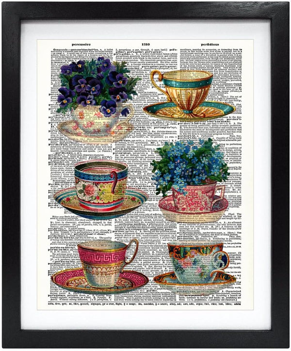 Susie Arts 8X10 Unframed Vintage Tea Cup with Flowers, Upcycled Vintage Dictionary Art Print for Home Decor