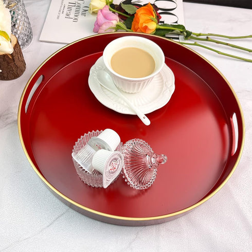 13 Inch Red Decorative Tray, Serving Tray with Handles, Round Decorative Tray for Coffee Table, Plastic Tray