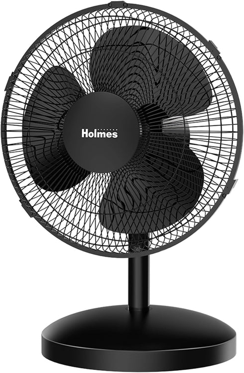 HOLMES 12" Table Fan with 75° Oscillation, 3 Speeds, 15° Adjustable Head Tilt, Ideal for Home, Bedroom, Office, Black
