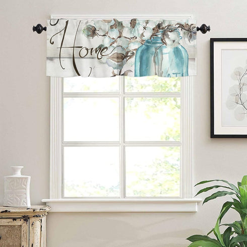 Mason Jar Cotton Flower Valances for Windows - 54x18 inch Rod Pocket Kitchen Curtains, Floral Wooden Plank Design