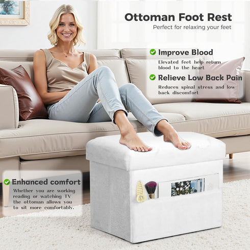 300 lbs, 17x13x13IN Storage Ottoman Cube, Small Ottoman with Storage with Thicker Furry Padded Seat. Folding Soft Fur