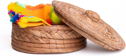 Authentic Mexican Tortilla Warmer Basket - Handwoven Pine Needle with Handloomed Cloth (Natural 7" w cloth)