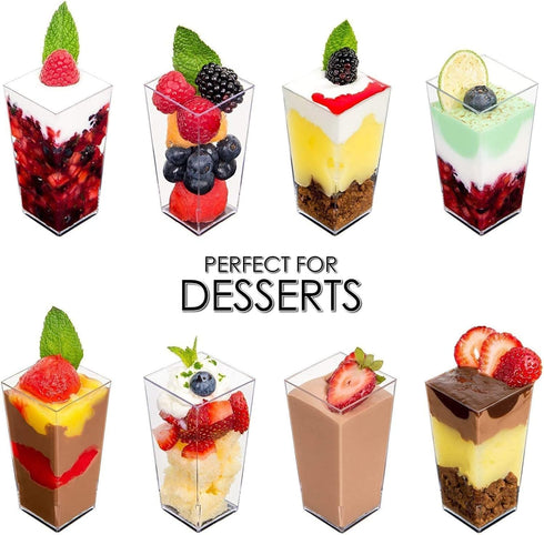 DLux 50 x 3 oz Mini Dessert Cups with Spoons, Clear Plastic Parfait Appetizer Cup with Recipe Ebook