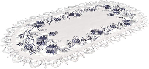 Embroidered Delft Blue Onion Flower Table Runner - Dresser Scarf Doily (14Wx27L)