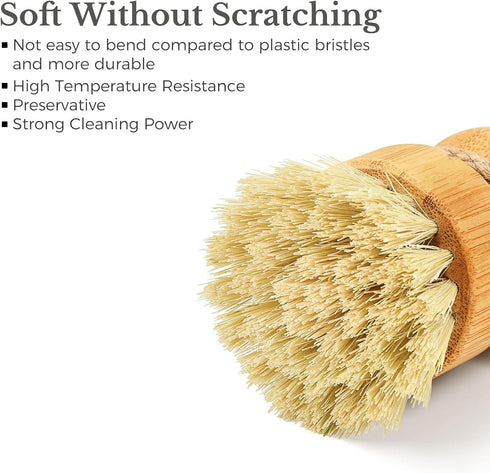 2P Bamboo Dish Brush, Eco Friendly Sisal Scrubber Brush with Ceramics Holder-Wooden Brush for Pot,Dish and Vegetables