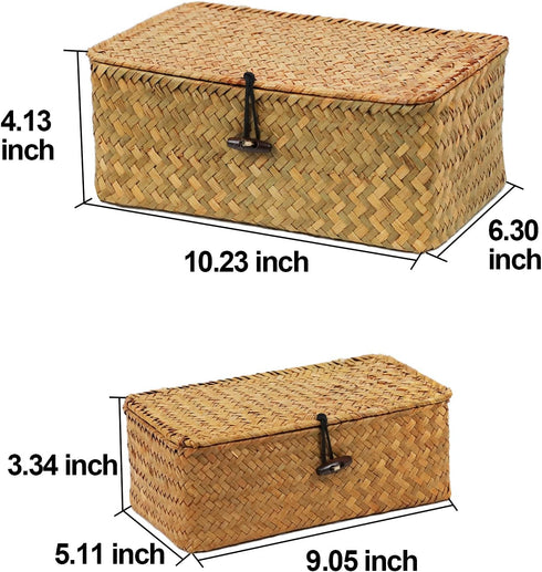 Set of 2 Seagrass Woven Storage Baskets with Lid, Decorative Bins for Organizing Home
