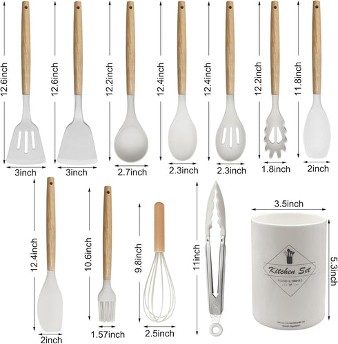 Kitchen Utensils Set of 12, Silicone Cooking Utensils with Non-Slip Wooden Handle and Organizer Bucket, 446°F Heat Resistant Cookware Utensils Set (Cream White) by YGFRSTO