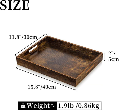 Hanobe Brown Decorative Serving Trays: Rustic Brown Rectangle Tray Decor with Cutout Handles for Coffee Table Ottoman