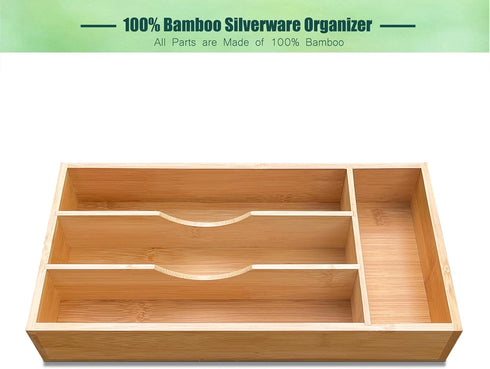 Bamboo Kitchen Drawer Silverware Organizer, 7 Inch Tray Holder for Small Drawer, 4-Slots for Flatware Storage