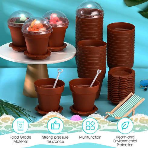 50 Pack Honeydak Flowerpot Dessert Cup Plastic Cake Cups with Lid Shovel Spoon Bottom Tray Small Flower Pot Cups