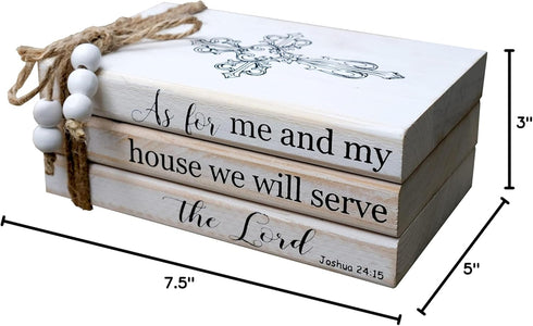As for Me and My House We Will Serve the Lord Decor - Rustic Wood Decorative Books Stack for Home Coffee Table