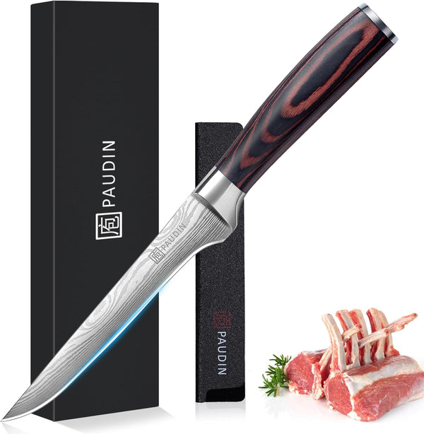 PAUDIN Boning Knife 6 Inch, Super Sharp Fillet Knife, German High Carbon Stainless Steel, Pakkawood Handle with Gift Box