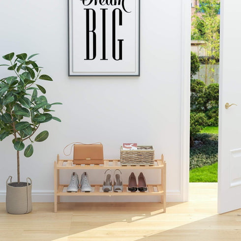 Dranixly 2-Tier Closet, Shoe Rack, Bamboo Stackable Shelf Storage Organizer, Stand for Entryway, Hallway, Bathroom
