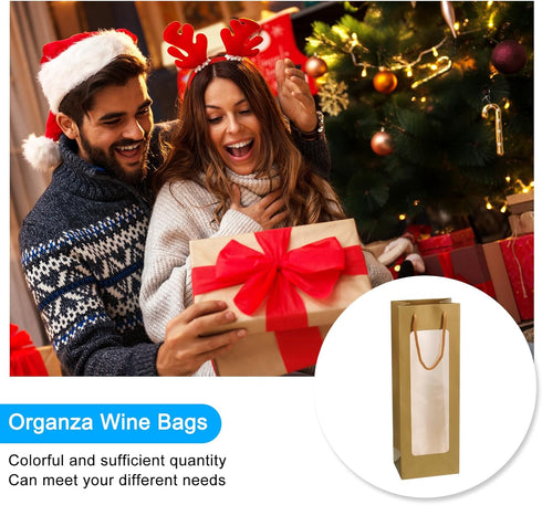 uxcell Wine Bags - 20pcs 4.92"x3.35"x14.2" Paper Tote Bags with Rope Handles, Clear Window for Party Supplies, Gold